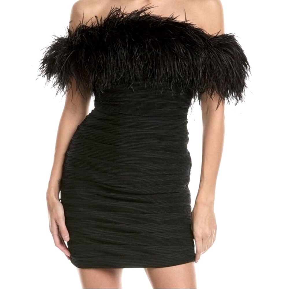 Rachel Gilbert Zion Black Mini Dress with feathers